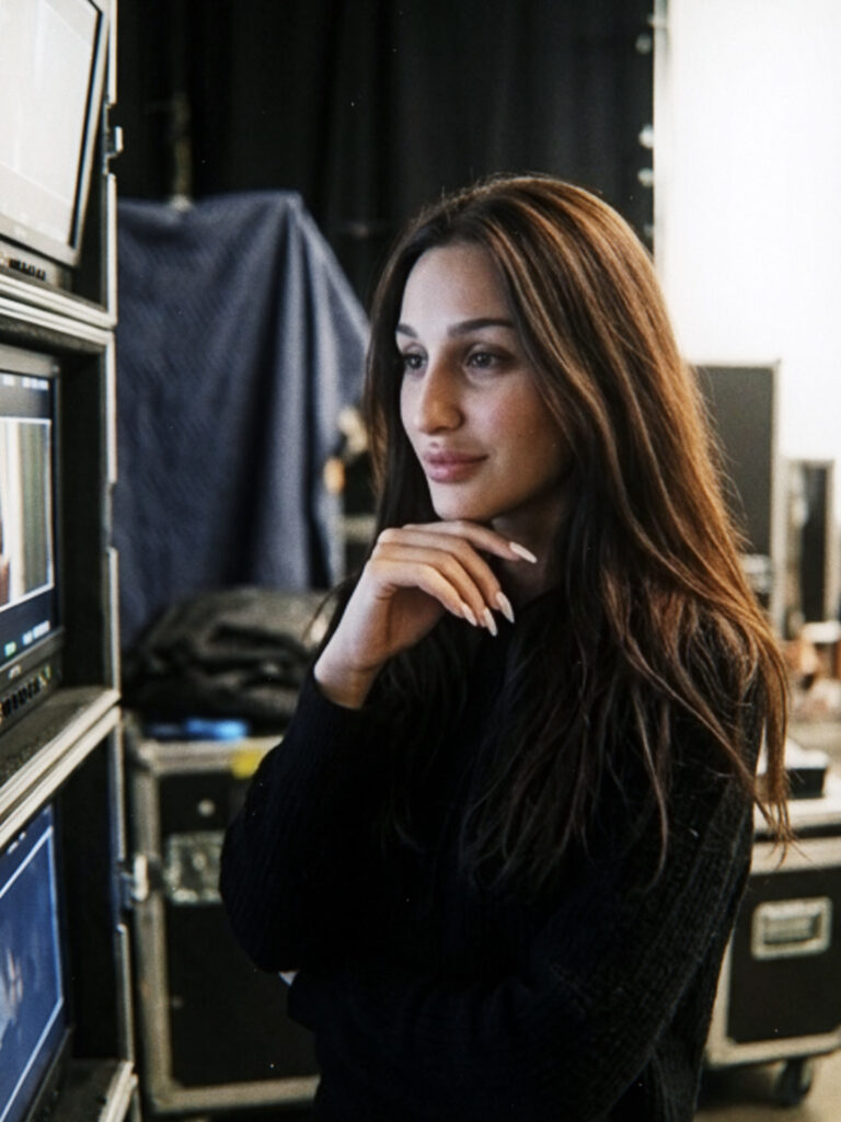 Aylin Baykal reviews scene footage at the production monitors as the CreepTV project officially begins principal photography in Oregon